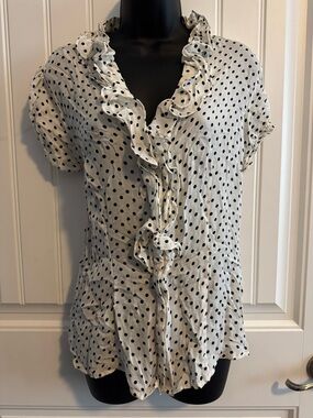 White House Black Market Off-White Blouse with Black Polka Dots and Ruffle Trim